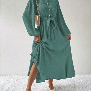 Plain Textured Button Front Ruffle Hem Shirt Dress for Women